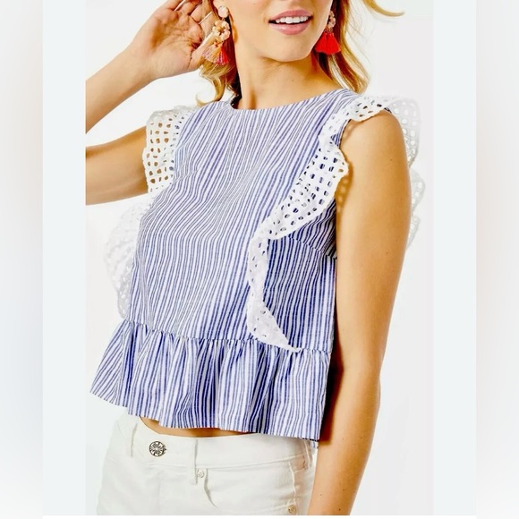 Lily Pulitzer Blue Stipe Ellis Peplum Ruffle Sleeveless Top - Picture 1 of 10